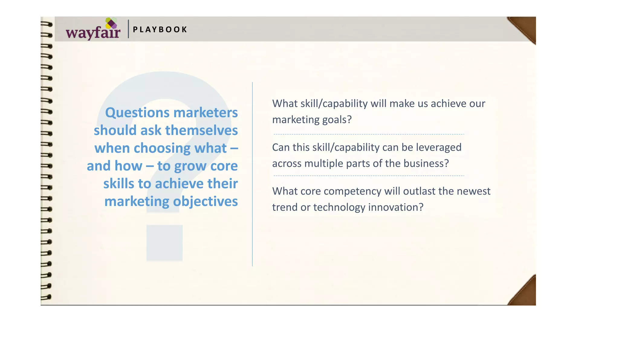 What	skill/capability	will	make	us	achieve	our	
marketing	goals?	
Can	this	skill/capability	can	be	leveraged	
across	multiple	parts	of	the	business?	
What	core	competency	will	outlast	the	newest	
trend	or	technology	innovation?
P L AY B O O K
Questions	marketers	
should	ask	themselves	
when	choosing	what	–	
and	how	–	to	grow	core	
skills	to	achieve	their	
marketing	objectives
 