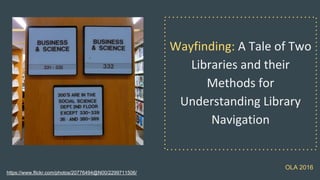 Wayfinding: A Tale of Two
Libraries and their
Methods for
Understanding Library
Navigation
https://www.flickr.com/photos/20776494@N00/2299711506/
OLA 2016
 