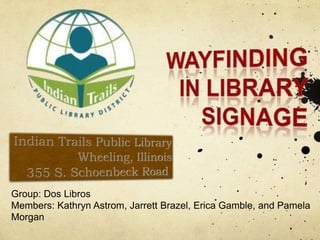 Wayfinding in library signage Indian Trails Public Library Wheeling, Illinois 355 S. Schoenbeck Road Group: Dos Libros Members: Kathryn Astrom, Jarrett Brazel, Erica Gamble, and Pamela Morgan 