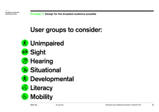 Designing an effective 
wayfinding system Principle 11 Design for the broadest audience possible 
User groups to consider:...