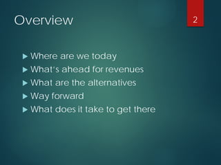 Overview 
 
Where are we today 
 
What’s ahead for revenues 
 
What are the alternatives 
 
Way forward 
 
What does ...