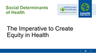 Social Determinants
of Health
The Imperative to Create
Equity in Health
20
 