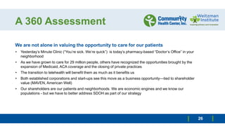A 360 Assessment
We are not alone in valuing the opportunity to care for our patients
• Yesterday’s Minute Clinic (“You’re sick. We’re quick”) is today’s pharmacy-based “Doctor’s Office” in your
neighborhood
• As we have grown to care for 29 million people, others have recognized the opportunities brought by the
expansion of Medicaid, ACA coverage and the closing of private practices
• The transition to telehealth will benefit them as much as it benefits us
• Both established corporations and start-ups see this move as a business opportunity—tied to shareholder
value (MAVEN, American Well)
• Our shareholders are our patients and neighborhoods. We are economic engines and we know our
populations - but we have to better address SDOH as part of our strategy
26
 