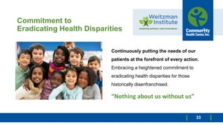 Commitment to
Eradicating Health Disparities
33
Continuously putting the needs of our
patients at the forefront of every action.
Embracing a heightened commitment to
eradicating health disparities for those
historically disenfranchised.
“Nothing about us without us”
 