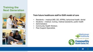 Training the
Next Generation
• Residents – medical (MD, DO, APRN), behavioral health, dental
• Students – medical, nursing, medical assistants, public health
• Administrators
• Community Health Workers
• Peer Support Specialists
Train future healthcare staff to OUR model of care
39
 