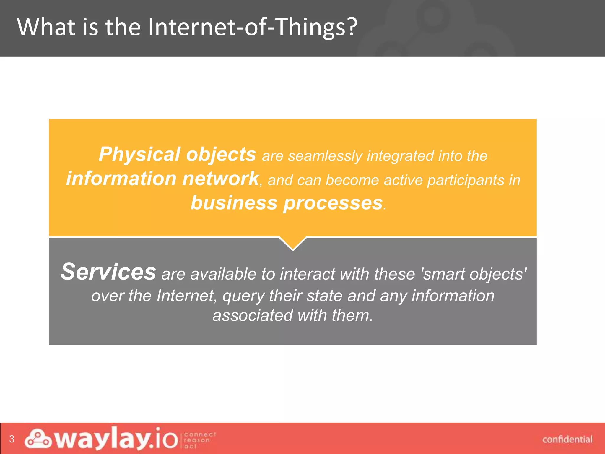 waylay strictly confidential
What is the Internet-of-Things?
3
Brainstorm
Services are available to interact with these 'smart objects'
over the Internet, query their state and any information
associated with them.
Physical objects are seamlessly integrated into the
information network, and can become active participants in
business processes.
 