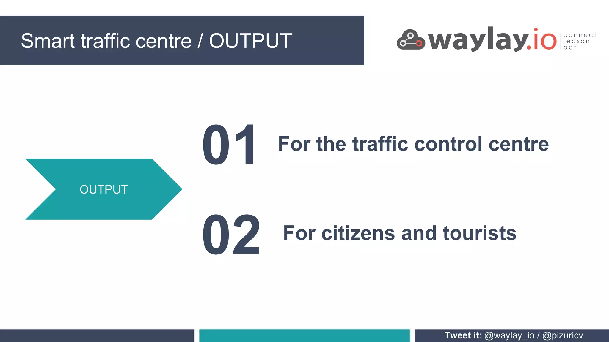 Tweet it: @waylay_io / @pizuricv
OUTPUT
Smart traffic centre PROCESSINGSmart traffic centre / OUTPUT
01
02
For the traffic control centre
For citizens and tourists
 