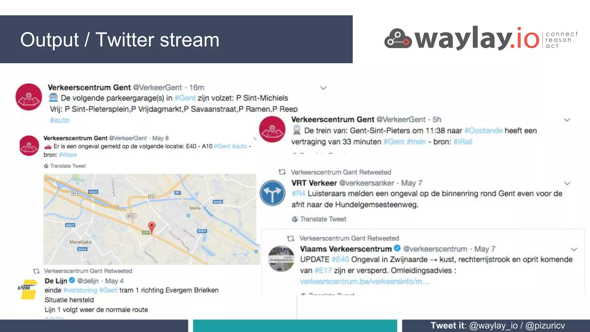Tweet it: @waylay_io / @pizuricv
Smart traffic centre PROCESSINGOutput / Twitter stream
 