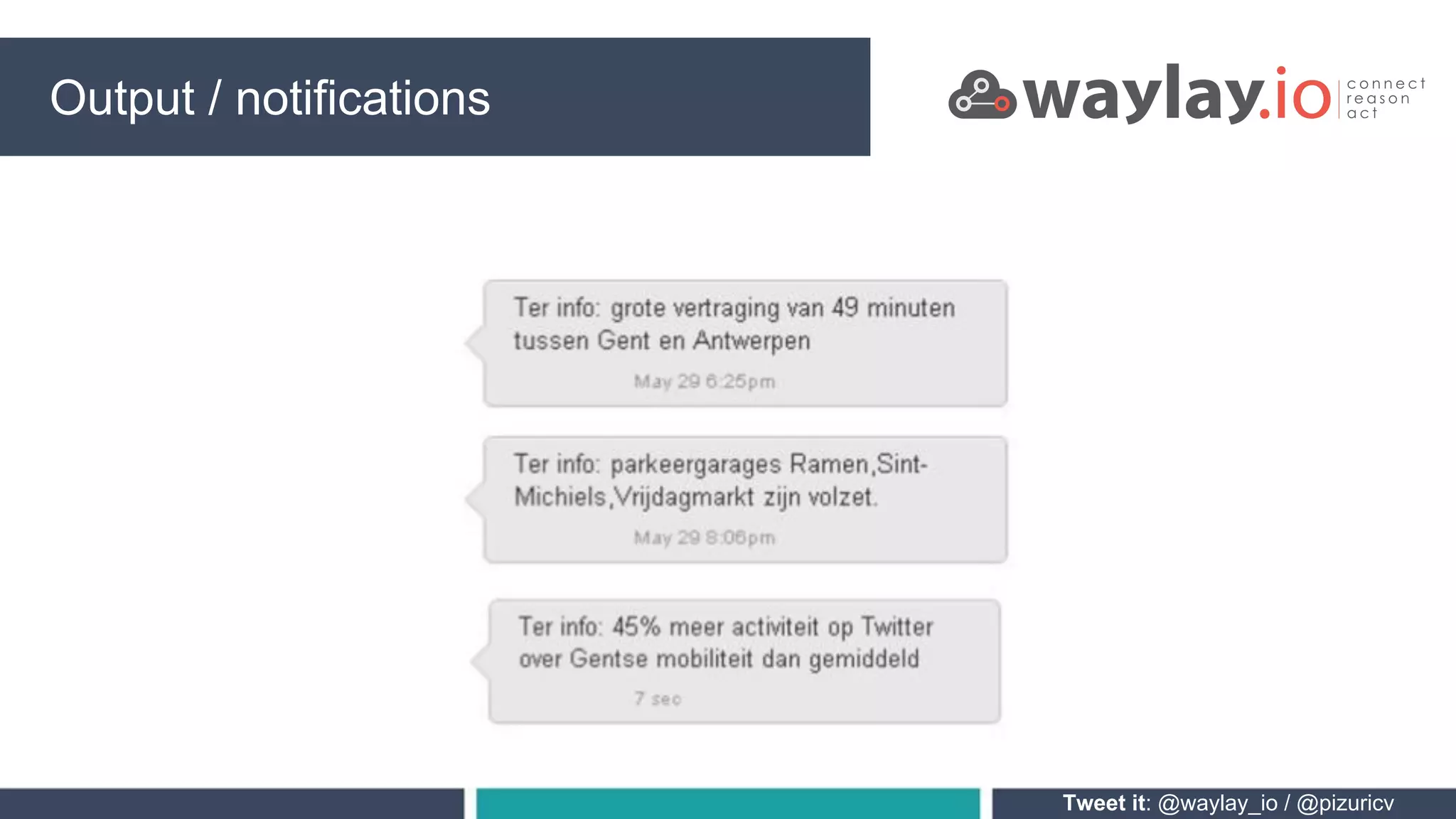 Smart traffic centre PROCESSINGOutput / Twitter streamSmart traffic centre PROCESSINGOutput / notifications
Tweet it: @waylay_io / @pizuricv
 