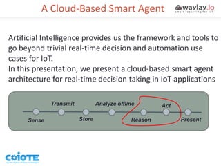 A Cloud-Based Smart Agent
Sense
Transmit
Store
Analyze offline
PresentReason
Act
Artificial Intelligence provides us the framework and tools to
go beyond trivial real-time decision and automation use
cases for IoT.
In this presentation, we present a cloud-based smart agent
architecture for real-time decision taking in IoT applications
 