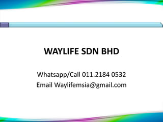 WAYLIFE SDN BHD
Whatsapp/Call 011.2184 0532
Email Waylifemsia@gmail.com
 