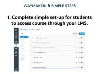 16
WAYMAKER: 5 SIMPLE STEPS
1. Complete simple set-up for students
to access course through your LMS.
 
