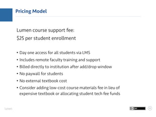 24
Pricing Model
Lumen course support fee:
$25 per student enrollment
•  Day one access for all students via LMS
•  Includ...