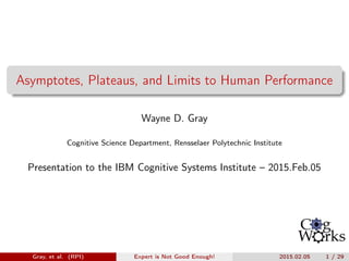 Asymptotes, Plateaus, and Limits to Human Performance
Wayne D. Gray
Cognitive Science Department, Rensselaer Polytechnic Institute
Presentation to the IBM Cognitive Systems Institute – 2015.Feb.05
Gray, et al. (RPI) Expert is Not Good Enough! 2015.02.05 1 / 30
 