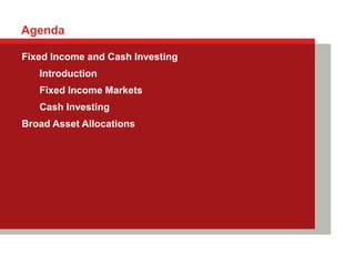 Agenda

Fixed Income and Cash Investing
   Introduction
   Fixed Income Markets
   Cash Investing
Broad Asset Allocations
 