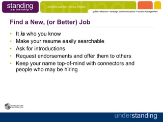 Find a New, (or Better) Job It  is  who you know Make your resume easily searchable Ask for introductions Request endorsements and offer them to others Keep your name top-of-mind with connectors and people who may be hiring 