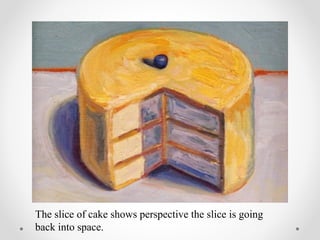 The slice of cake shows perspective the slice is going
back into space.