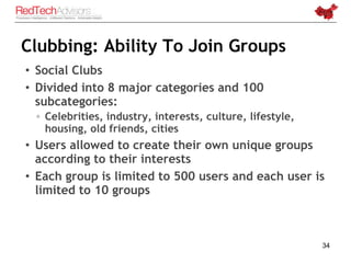 Clubbing: Ability To Join Groups
• Social Clubs
• Divided into 8 major categories and 100
  subcategories:
 ◦ Celebrities,...