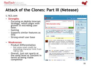 Attack of the Clones: Part III (Netease)
t.163.com
• Strengths
  ◦ Focusing on Mobile Internet
    Strategy, which aligns ...