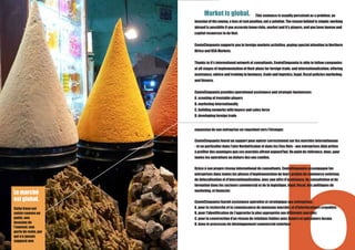 Market is global.                  This sentence is usually perceived as a problem, an
                      invasion of the enemy, a loss of rent position, not a solution. The reason behind is simple: working
                      abroad is possibile if you accurate know risks, market and it’s players, and you have human and
                      capital resources to do that.


                      CentoCinquanta supports you in foreign markets activities, paying special attention to Northern
                      Africa and USA Markets.


                      Thanks to it’s international network of consultants, CentoCinquanta is able to follow companies
                      at all stages of implementation of their plans for foreign trade, and internationalization, offering
                      assistance, advice and training in business, trade and logistics, legal, fiscal policies marketing,
                      and finance.


                      CentoCinquanta provides operational assistance and strategic businesses:
                      A. scouting of trustable players
                      B. marketing internationally
                      C. building networks with buyers and sales force
                      D. developing foreign trade


                      expansion de son entreprise en regardant vers l’étranger.

                      CentoCinquanta fourni un support pour opérer correctement sur les marchés internationaux
                      - et en particulier dans l’aire Nordafricaine et dans les Etas Unis - aux entreprises déjà prêtes
                      à profiter des avantages que ces marchés offrent aujourd’hui. Un point de référence, donc, pour
                      toutes les opérations au dehors des nos confins.

                      Grâce à son propre réseau international de consultants, CentoCinquanta accompagne les
                      entreprises dans toutes les phases d’implémentation de leurs projets de commerce extérieur,
                      de délocalisation et d’internationalisation, avec une offre d’assistance, de consultation et de
                      formation dans les secteurs commercial et de la logistique, légal, fiscal, des politiques de
                      marketing, et financier.
Le marché
est global.           CentoCinquanta fournit assistance opérative et stratégique aux entreprises :
Cette frase est       A. pour la recherche et la connaissance de nouveaux marchés et d’interlocuteurs croyables
saisie comme un       B. pour l’identification de l’approche la plus appropriée aux différents marchés
poids, une            C. pour la construction d’un réseau de relations fiables avec buyers et opérateurs locaux
invasion de           D. dans le processus de développement commercial extérieur
l’ennemi, une
perte de rente, par
qui n’a jamais
supposé une
 