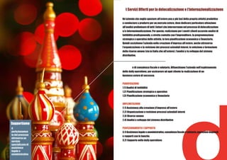 I Servizi Offerti per la delocalizzazione e l’internazionalizzazione

                   Un’azienda che voglia spostare all’estero una o più fasi della propria attività produttiva
                   o cominciare a produrre per un mercato estero, deve dedicare particolare attenzione
                   all’analisi preliminare di tutti i fattori che interverranno nel processo di delocalizzazione
                   e/o internazionalizzazione. Per questo, realizziamo per i nostri clienti accurate analisi di
                   fattibilità predisponendo, a stretto contatto con l’imprenditore, la programmazione
                   strategica e operativa delle attività, la loro pianificazione economica e finanziaria.
                   Quindi assistiamo l’azienda nella creazione d’impresa all’estero, anche attraverso
                   l’organizzazione e la revisione dei processi aziendali interni, la selezione e formazione
                   delle risorse umane (sia in Italia che all’estero), l’analisi e lo sviluppo del sistema
                   distributivo.



                            e di consulenza fiscale e valutaria. Affianchiamo l’azienda nell’espletamento
                   delle daily operations, per assicurare ad ogni cliente la realizzazione di un
                   business estero di successo.


                   PIANIFICAZIONE
                   1.1) Analisi di fattibilità
                   1.2) Pianificazione strategica e operativa
                   1.3) Pianificazione economica e finanziaria


                   IMPLEMETAZIONE
                   2.1) Assistenza alla creazione d’impresa all’estero
                   2.2) Organizzazione e revisione processi aziendali interni
                   2.3) Risorse umane
                   2.4) Analisi e sviluppo del sistema distributivo
Supportiamo
il                 PERFEZIONAMENTO E SUPPORTO
perfezionamen      3.1) Assistenza legale e amministrativa, consulenza fiscale e valutaria, operazioni doganali
to del processo    e rapporti con le banche.
attraverso un
servizio           3.2) Supporto nelle daily operations
specializzato di
assistenza
legale e
amministrativa
 