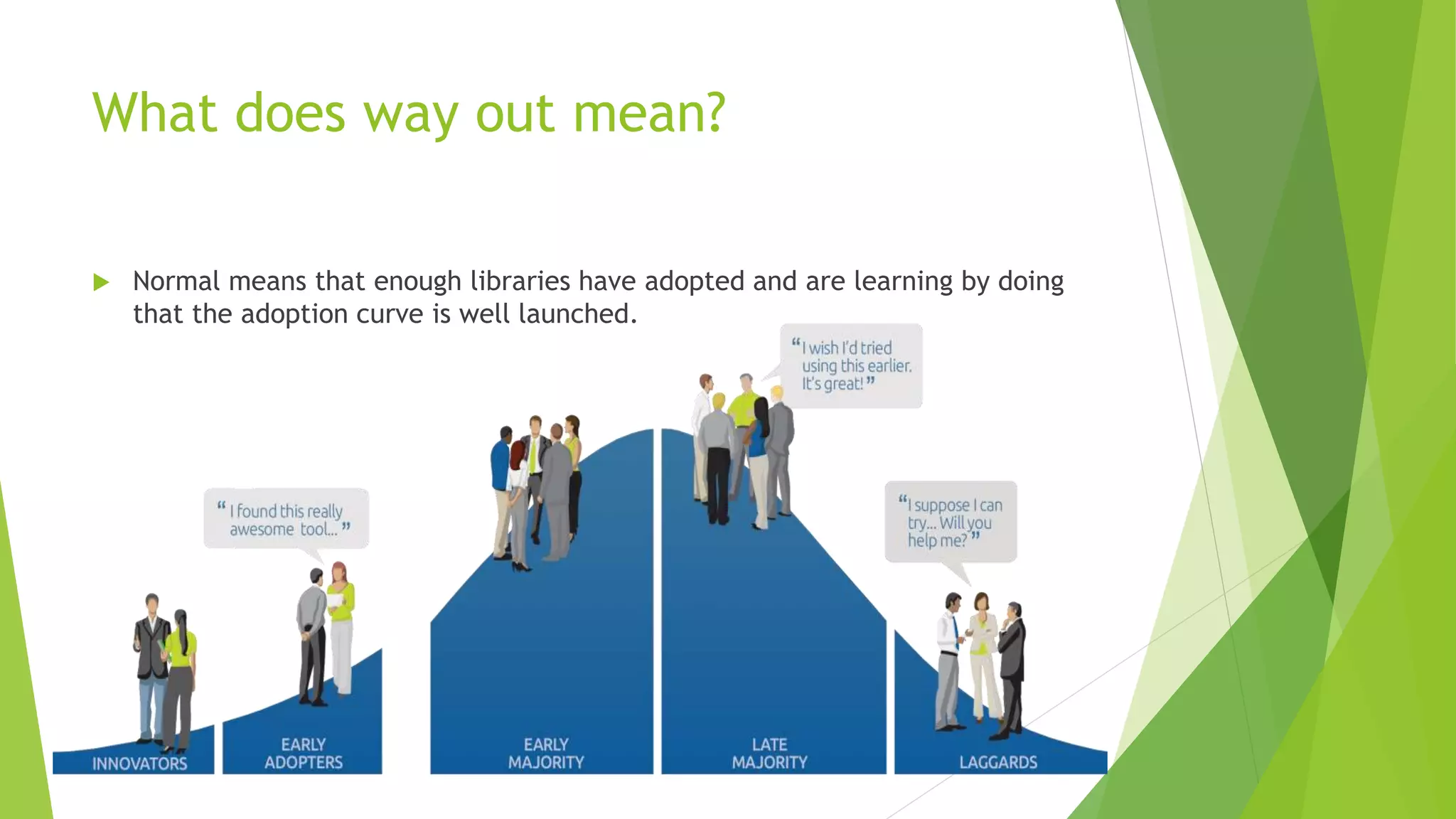 What does way out mean?
 Normal means that enough libraries have adopted and are learning by doing
that the adoption curve is well launched.
 