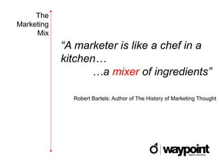 The
Marketing
     Mix
            “A marketer is like a chef in a
            kitchen…
                  …a mixer of ingredients”

              Robert Bartels: Author of The History of Marketing Thought
 