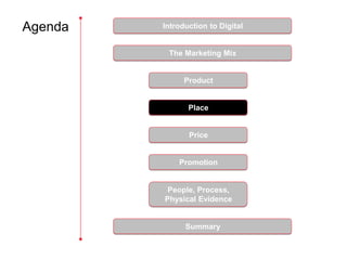 Agenda   Introduction to Digital


          The Marketing Mix


               Product


                Place


                Price


             Promotion


          People, Process,
         Physical Evidence


               Summary
 