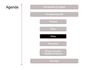 Agenda   Introduction to Digital


          The Marketing Mix


               Product


                Place


                Price


             Promotion


          People, Process,
         Physical Evidence


               Summary
 