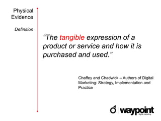 Physical
Evidence

 Definition
              “The tangible expression of a
              product or service and how it is
              purchased and used.”


                         Chaffey and Chadwick – Authors of Digital
                         Marketing: Strategy, Implementation and
                         Practice
 