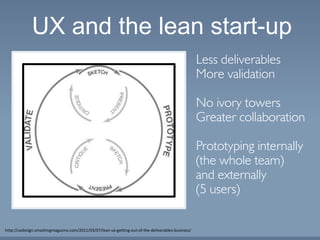 http://uxdesign.smashingmagazine.com/2011/03/07/lean-ux-getting-out-of-the-deliverables-business/
Less deliverables
More validation
No ivory towers
Greater collaboration
Prototyping internally
(the whole team)
and externally
(5 users)
UX and the lean start-up
 
