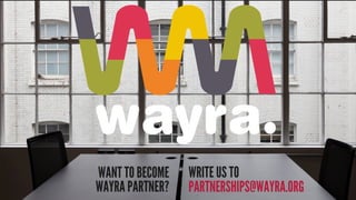 WANT TO BECOME
WAYRA PARTNER?
WRITE US TO
PARTNERSHIPS@WAYRA.ORG
 