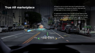 CONFIDENTIAL INFORMATION OF WAYRAY AG
True AR marketplace
AR app for cars is a brand-new type of applications that
run on holographic AR displays by WayRay. What sets the
AR apps apart is their content and behavior.
An application running in the True AR is not an object on the
screen, but a process. When a vehicle is on the move, the user
can have a number of processes (AR apps) running, including
core display OS processes and side processes (3rd party
AR apps).
 