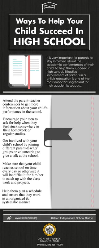 Ways To Help Your
Child Succeed In
HIGH SCHOOL
It is very important for parents to
stay informed about the
academic performances of their
child, to help them succeed in
high school. Effective
involvement of parents in a
child's education is one of the
most important ingredient for
their academic success.
Attend the parent-teacher
conferences to get more
information about your child's
performance in the school.
Encourage your teen to
ask for help when they
feel stuck somewhere in
their homework or
regular studies.
Get involved with your
child's school by joining
different parent-teacher
groups or volunteering to
give a talk at the school.
Make sure that your child
reaches school on time
every day or otherwise it
will be difficult for him/her
to catch up with the class
work and projects.
Help them plan a schedule
and ensure that they work
in an organized &
systematic manner.
www.killeenisd.org Killeen Independent School District
200 N. WS Young Dr.,
Killeen, TX. 76543
Phone: (254) 336 - 0000
 