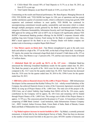 4. CASA+Retail TDs crossed 50% of Total Deposits to 51.7% as at June 30, 2015, up
from 43.5% a year ago
5. Total Capital Adequacy as per Basel III stands at 15.0%, as at June 30, 2015
Commenting on the results and financial performance, Mr. Rana Kapoor, Managing Director &
CEO, YES BANK said, “YES BANK has begun its 12th year of operations and has posted
another satisfactory quarter of consistent results, which is reflected in strong loan growth, NIM
expansion and continued resilience in asset quality. YES BANK has continued its
uncompromising commitment towards quality, sustainability and innovation which is evident
through multiple prestigious awards garnered by the Bank at international platforms across
categories of Business Sustainability, Information Security and Cash Management. Further, the
RBI approval for setting up IFSC unit in GIFT city in Gujarat will significantly enhance YES
BANK s International Banking product offerings for the BANK s corporate clientele while‟ ‟
enabling long term Foreign Currency Fund raising for the Bank at competitive rates. Also,
RBI s recent approval for the Bank to act as a Primary Dealer will further complete our‟
product suite in becoming a complete Rupee Debt House”
✍ Tata Motors spurts on block deal - Tata Motors strengthened its gain in the early noon
deals and rallied to a high of Rs. 377 on the NSE, on the back of huge block deal. According to
TV reports, the counter has witnessed a huge block deal of around 5.3 lakh shares at Rs. 375 on
the NSE. Now, Tata Motors is up 1.3 percent at Rs. 375, and has seen massive trades of around
4.3 million shares.
✍ Allahabad Bank Q1 net profit up 30.1% at Rs. 147 crore - Allahabad Bank has
announced the following Unaudited Standalone results for the quarter ended June 30, 2015.
The Bank has posted a net profit of Rs. 146.8 crore for the quarter ended June 30, 2015 as
compared to Rs. 112.7 crore for the quarter ended June 30, 2014. Total Income has decreased
from Rs. 5518 crore for the quarter ended June 30, 2014 to Rs. 5396.4 crore for the quarter
ended June 30, 2015.
✍ IRB Infra achieves financial closure for Rs.1,400 cr Project Finance - IRB Infrastructure
Developers Ltd has announced that Kaithal Tollway Pvt. Ltd. - wholly-owned Subsidiary of the
Company, has achieved financial closure in terms of the Concession Agreement executed with
NHAI, by tying up of Project finance of Rs. 1,400 Crore. The total cost of this project is Rs.
2290 Crore, out of which Viability Gap Funding from NHAI will be Rs. 234 crores, equity
contribution by the Company will be approx. Rs. 656 Crore and remaining will be funded
through Project finance of Rs. 1,400 Crore. The average cost of debt of this Project finance is
approx. 11.75% p.a. The concession period for the project is 27 years. A Consortium of Lenders
comprising of IDBI Bank Limited - Lead Institution, India Infrastructure Finance Company
Ltd. , IDFC Limited, Indian Overseas Bank, Union Bank of India, Bank of Baroda, Canara
Bank and Bank of Maharashtra have financed this project.
✍ Taj Mahal registers increase in tourist footfalls in 2014 - Taj Mahal, a centrally protected
monument, is looked after by the Archaeological Survey of India. There has been no decrease
in the number of total tourist foot-falls in the past two years. 6072501 number of domestic and
 