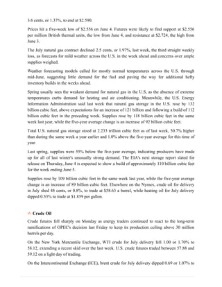 3.6 cents, or 1.37%, to end at $2.590.
Prices hit a five-week low of $2.556 on June 4. Futures were likely to find support at $2.556
per million British thermal units, the low from June 4, and resistance at $2.724, the high from
June 3.
The July natural gas contract declined 2.5 cents, or 1.97%, last week, the third straight weekly
loss, as forecasts for mild weather across the U.S. in the week ahead and concerns over ample
supplies weighed.
Weather forecasting models called for mostly normal temperatures across the U.S. through
mid-June, suggesting little demand for the fuel and paving the way for additional hefty
inventory builds in the weeks ahead.
Spring usually sees the weakest demand for natural gas in the U.S, as the absence of extreme
temperatures curbs demand for heating and air conditioning. Meanwhile, the U.S. Energy
Information Administration said last week that natural gas storage in the U.S. rose by 132
billion cubic feet, above expectations for an increase of 121 billion and following a build of 112
billion cubic feet in the preceding week. Supplies rose by 118 billion cubic feet in the same
week last year, while the five-year average change is an increase of 92 billion cubic feet.
Total U.S. natural gas storage stood at 2.233 trillion cubic feet as of last week, 50.7% higher
than during the same week a year earlier and 1.0% above the five-year average for this time of
year.
Last spring, supplies were 55% below the five-year average, indicating producers have made
up for all of last winter's unusually strong demand. The EIA's next storage report slated for
release on Thursday, June 4 is expected to show a build of approximately 110 billion cubic feet
for the week ending June 5.
Supplies rose by 109 billion cubic feet in the same week last year, while the five-year average
change is an increase of 89 billion cubic feet. Elsewhere on the Nymex, crude oil for delivery
in July shed 48 cents, or 0.8%, to trade at $58.63 a barrel, while heating oil for July delivery
dipped 0.53% to trade at $1.859 per gallon.
✍ Crude Oil
Crude futures fell sharply on Monday as energy traders continued to react to the long-term
ramifications of OPEC's decision last Friday to keep its production ceiling above 30 million
barrels per day.
On the New York Mercantile Exchange, WTI crude for July delivery fell 1.00 or 1.70% to
58.12, extending a recent skid over the last week. U.S. crude futures traded between 57.88 and
59.12 on a light day of trading.
On the Intercontinental Exchange (ICE), brent crude for July delivery dipped 0.69 or 1.07% to
 