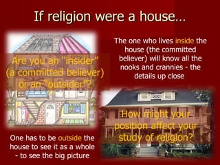 If religion were a house…
                             The one who lives inside the
                                house (the committed
 Are you an “insider”         believer) will know all the
                              nooks and crannies - the
(a committed believer)             details up close
   or an “outsider”?


                               How might your
                             position affect your
One has to be outside the     study of religion?
house to see it as a whole
 - to see the big picture
 