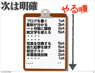 やる順
               ブログを書く           11pptt
               更新が分かる           33pptt
               一ヶ月毎に課金          22pptt
 ...