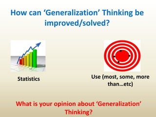 How can ‘Generalization’ Thinking be
improved/solved?
Statistics Use (most, some, more
than…etc)
What is your opinion about ‘Generalization’
Thinking?
 