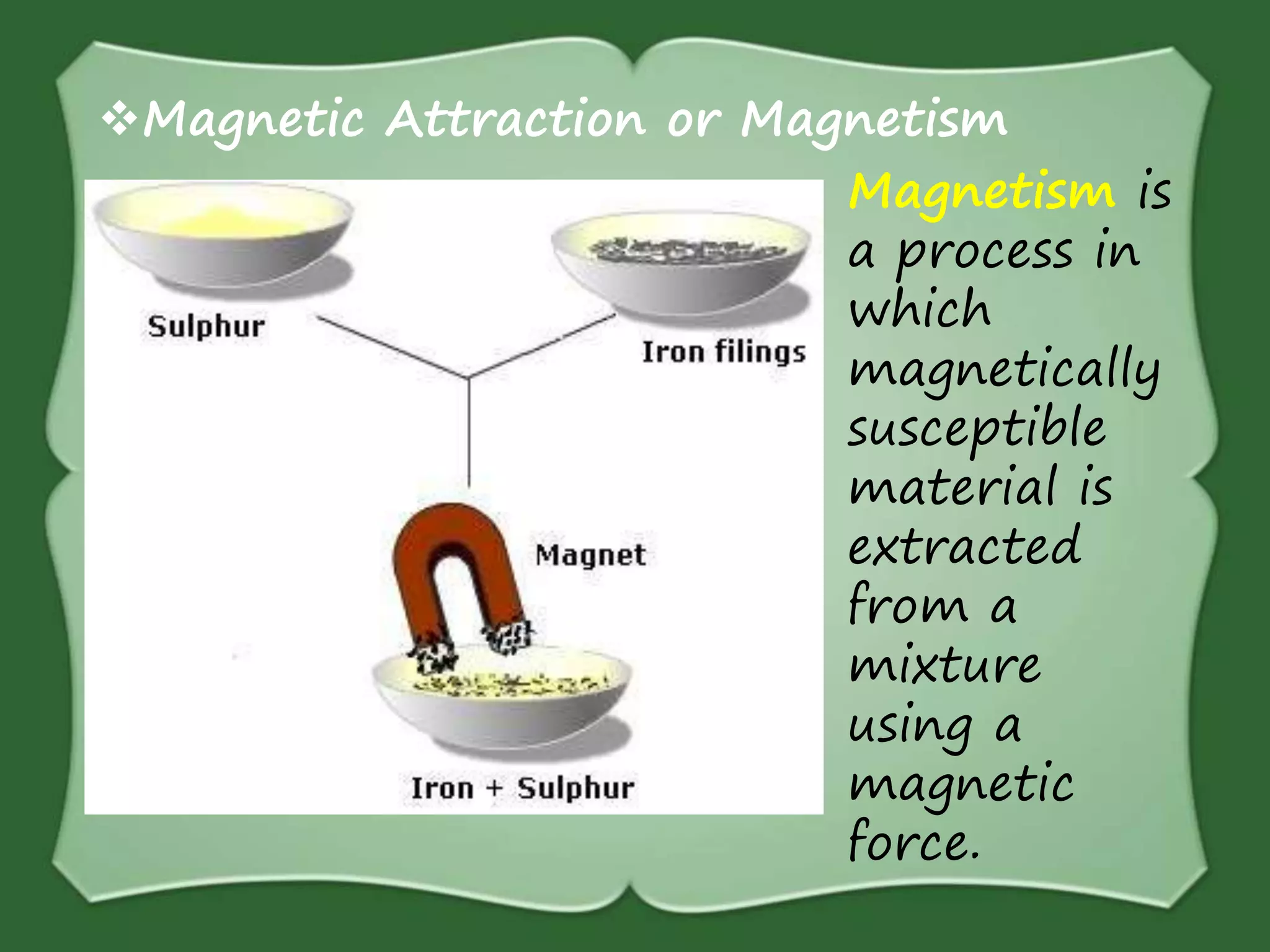 Magnetic Attraction or Magnetism
Magnetism is
a process in
which
magnetically
susceptible
material is
extracted
from a
mixture
using a
magnetic
force.
 