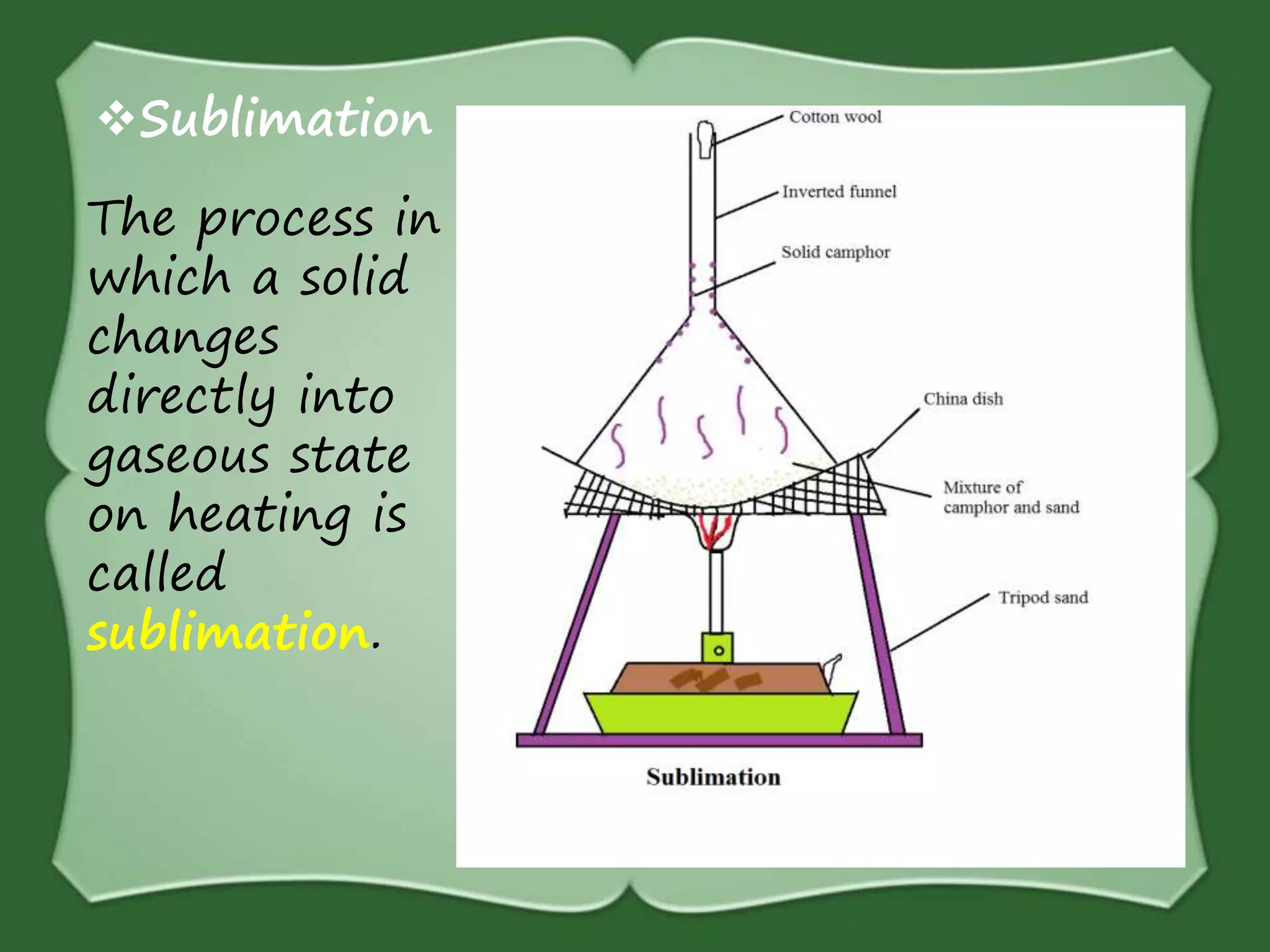 Sublimation
The process in
which a solid
changes
directly into
gaseous state
on heating is
called
sublimation.
 