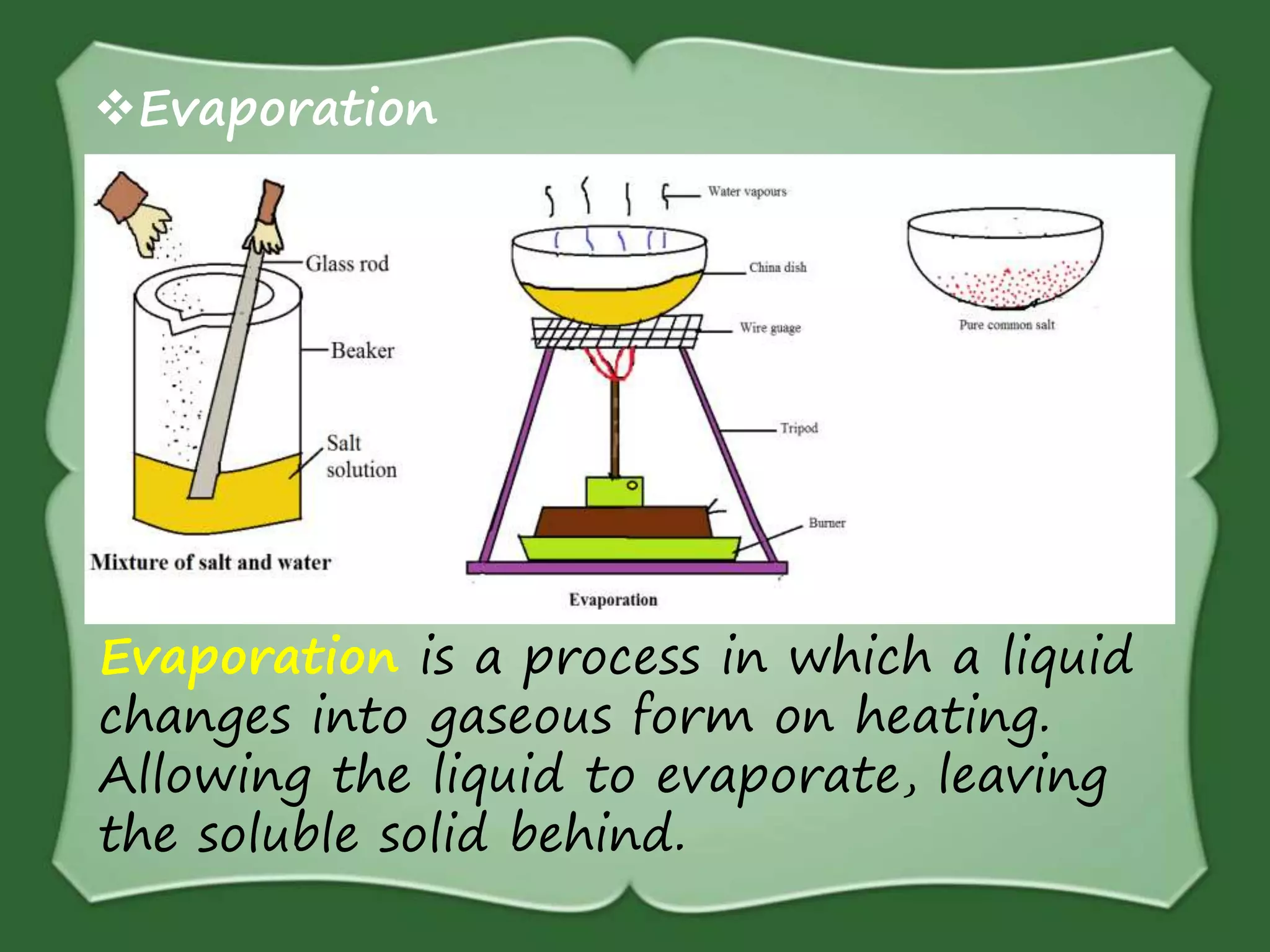 Evaporation
Evaporation is a process in which a liquid
changes into gaseous form on heating.
Allowing the liquid to evaporate, leaving
the soluble solid behind.
 