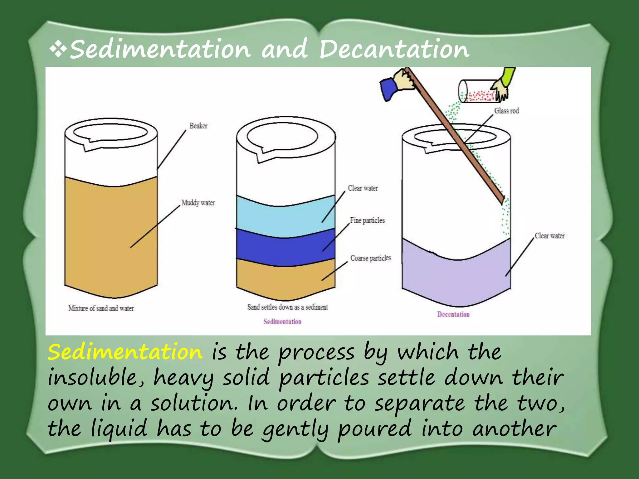Sedimentation and Decantation
Sedimentation is the process by which the
insoluble, heavy solid particles settle down their
own in a solution. In order to separate the two,
the liquid has to be gently poured into another
 