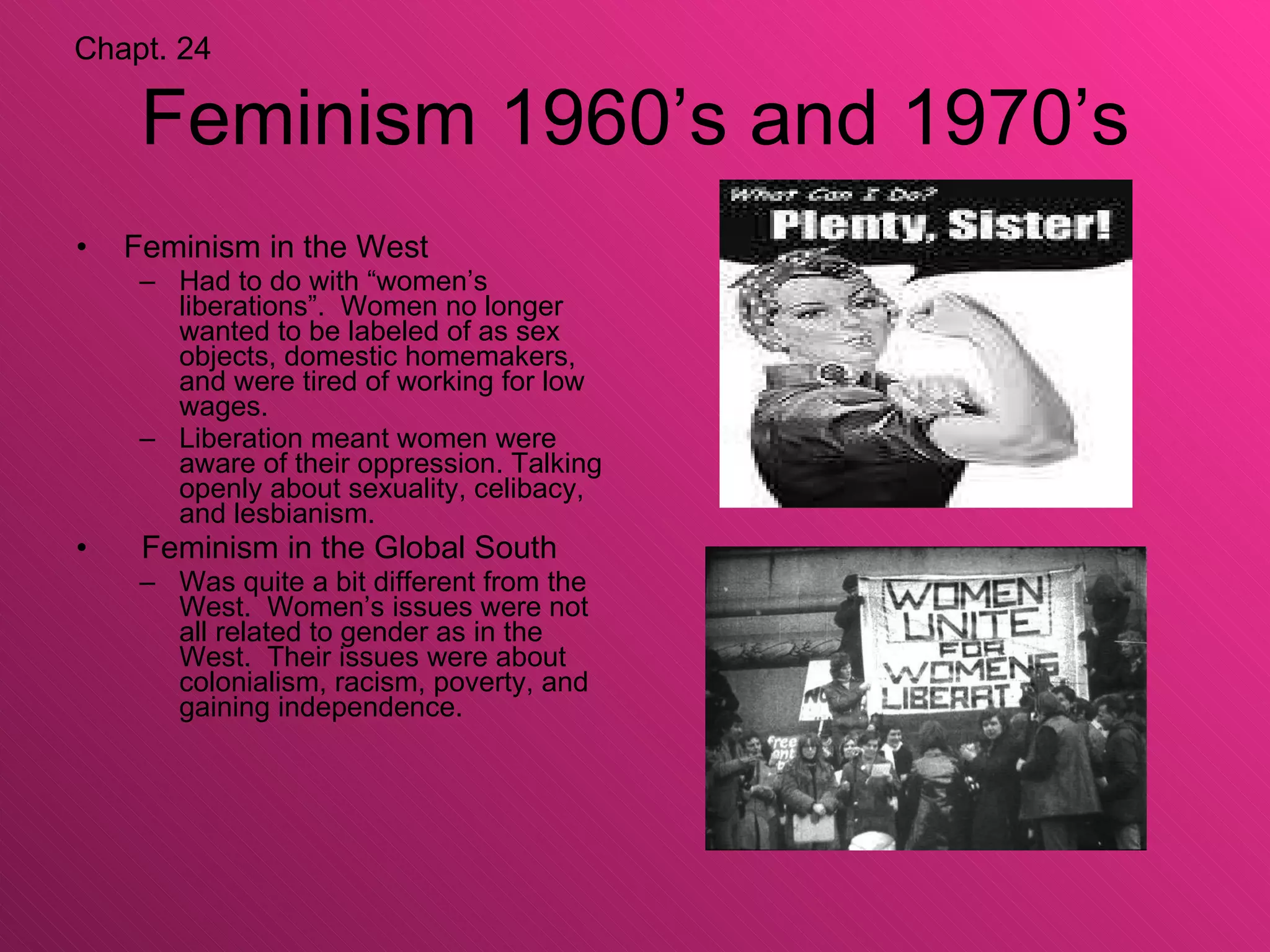 Feminism 1960’s and 1970’s Feminism in the West  Had to do with “women’s liberations”.  Women no longer wanted to be labeled of as sex objects, domestic homemakers, and were tired of working for low wages.  Liberation meant women were aware of their oppression. Talking openly about sexuality, celibacy, and lesbianism.  Feminism in the Global South Was quite a bit different from the West.  Women’s issues were not all related to gender as in the West.  Their issues were about colonialism, racism, poverty, and gaining independence. Chapt. 24 