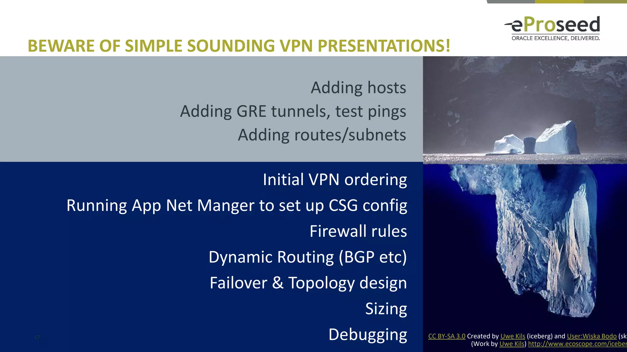 Copyright © 2016, eProseed and/or its affiliates. All rights reserved. | Confidential17
Adding hosts
Adding GRE tunnels, test pings
Adding routes/subnets
BEWARE OF SIMPLE SOUNDING VPN PRESENTATIONS!
CC BY-SA 3.0 Created by Uwe Kils (iceberg) and User:Wiska Bodo (sky
(Work by Uwe Kils) http://www.ecoscope.com/iceber
Initial VPN ordering
Running App Net Manger to set up CSG config
Firewall rules
Dynamic Routing (BGP etc)
Failover & Topology design
Sizing
Debugging
 