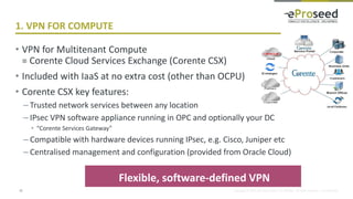 Copyright © 2016, eProseed and/or its affiliates. All rights reserved. | Confidential
1. VPN FOR COMPUTE
• VPN for Multitenant Compute
= Corente Cloud Services Exchange (Corente CSX)
• Included with IaaS at no extra cost (other than OCPU)
• Corente CSX key features:
– Trusted network services between any location
– IPsec VPN software appliance running in OPC and optionally your DC
• “Corente Services Gateway”
– Compatible with hardware devices running IPsec, e.g. Cisco, Juniper etc
– Centralised management and configuration (provided from Oracle Cloud)
12
Flexible, software-defined VPN
 