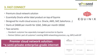 Copyright © 2016, eProseed and/or its affiliates. All rights reserved. | Confidential
3. FAST CONNECT
• Premium cloud network solution
• Essentially Oracle white label product on top of Equinix
• Designed for multi-cloud access (i.e. Oracle, AWS, SAP, SalesForce…)
• Starts at $4600 per month for 1GbE, $46k per month 10GbE
• Two variants:
– Standard: customer has separately managed connection to Equinix
– Partner Edition: part of customer’s existing WAN networking provision, e.g. MPLS with BT
14
Premier cloud network solution:
~a semi-private enterprise-grade internet
 