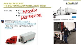 Copyright © 2016, eProseed and/or its affiliates. All rights reserved. | Confidential
AWS SNOWMOBILE:
THE STATION WAGON WITH A NEW TWIST
8
30 Nov 2016 • Fibre-connected
• Satellite tracked
• Security out-riggers
 