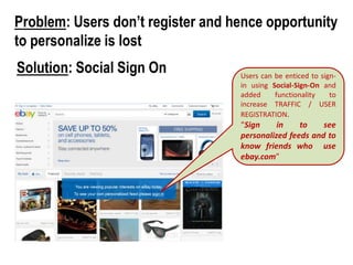 Problem: Users don’t register and hence opportunity
to personalize is lost
Solution: Social Sign On

Users can be enticed to signin using Social-Sign-On and
added
functionality
to
increase TRAFFIC / USER
REGISTRATION.

“Sign
in
to
see
personalized feeds and to
know friends who use
ebay.com”

 