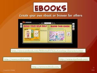 Create your own ebook or browse for others
http://www.scribd.com/ http://www.myebook.com/
http://www.wobook.com/
http://www.wobook.com/WBIn4uD37Z2L/Creating-Characters.html
 